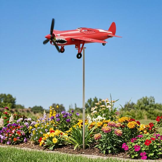 Red Airplane Wind Spinner 3D Kinetic Metal Wind Sculpture 360 Rotating Windmill Stake Yard Art for Front Porch Backyard Lawn Flower Bed Garden Decor