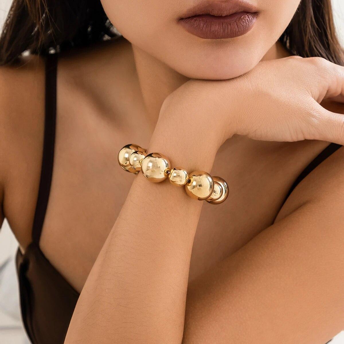 

Punk Vintage Big Ball CCB Bracelets for Women Exaggerated Gold Color Round Beads Elastic Bangles Steampunk Hand Jewelry Gifts