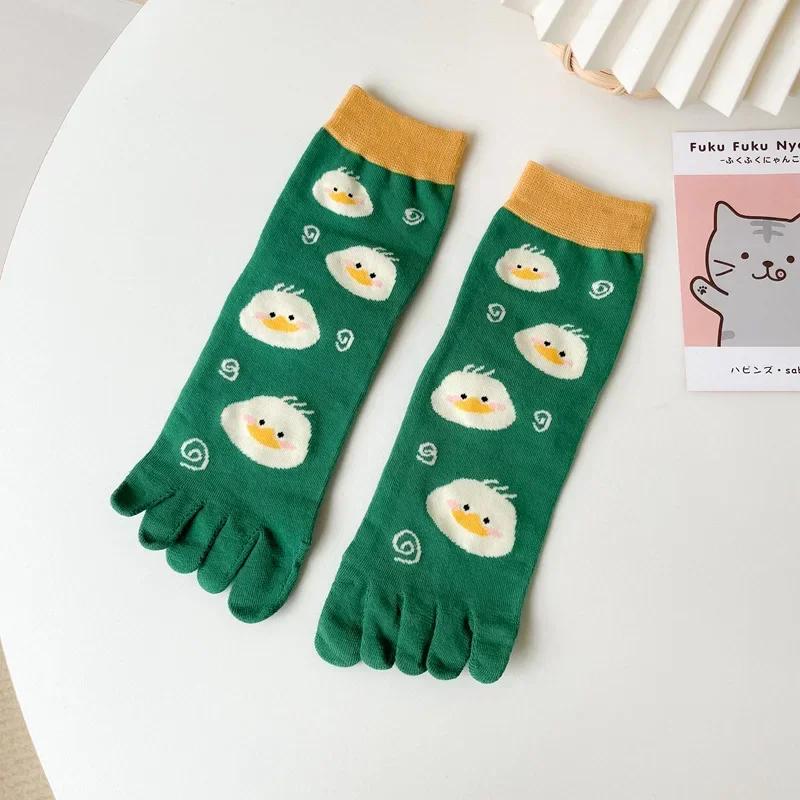 Nouveaux chaussettes mi-mollet respirantes absorbant la sueur à cinq doigts pour femmes, chaussettes à orteils séparés, chaussettes étudiantes mignonnes de dessin animé pour filles