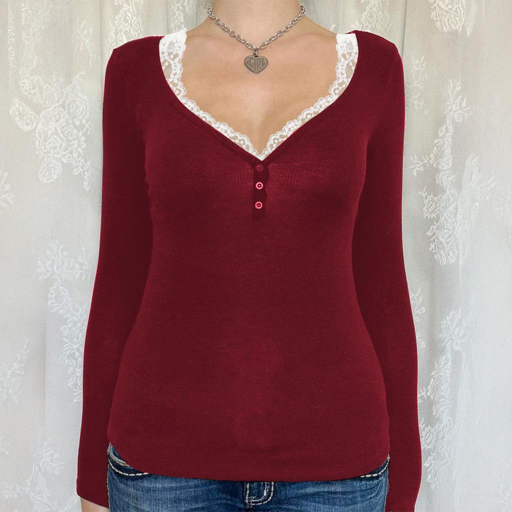 Y2K Fashion Lace Button Long-sleeved T-shirt Women's 2025 Autumn and Winter Casual and Versatile