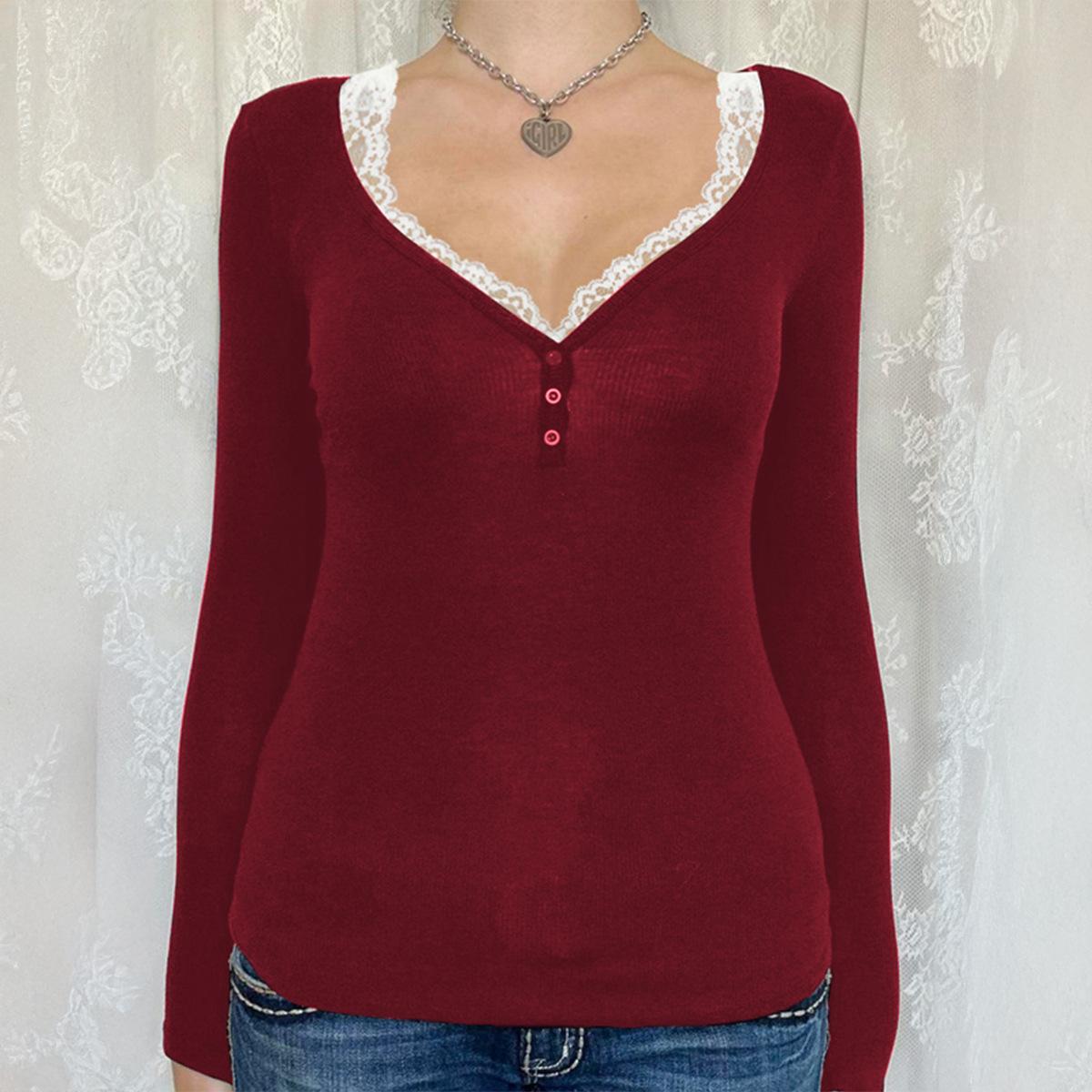 

Y2K Мода Мереживна Футболка з Довгим Рукавом на Ґудзиках Жіноча 2025 Осінь та Зима Повсякденна та Універсальна S кларет