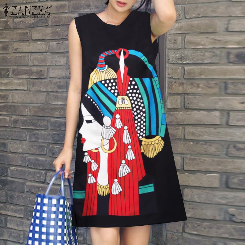 ZANZEA Vestido sin mangas estampado sin mangas con cuello redondo informal para mujer Verano