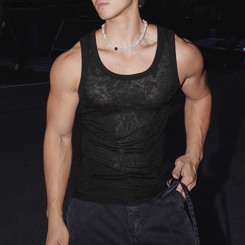 INCERUN Summer Men Sleeveless Lace Mesh Sheer Casual Fitted Tank Tops Vest