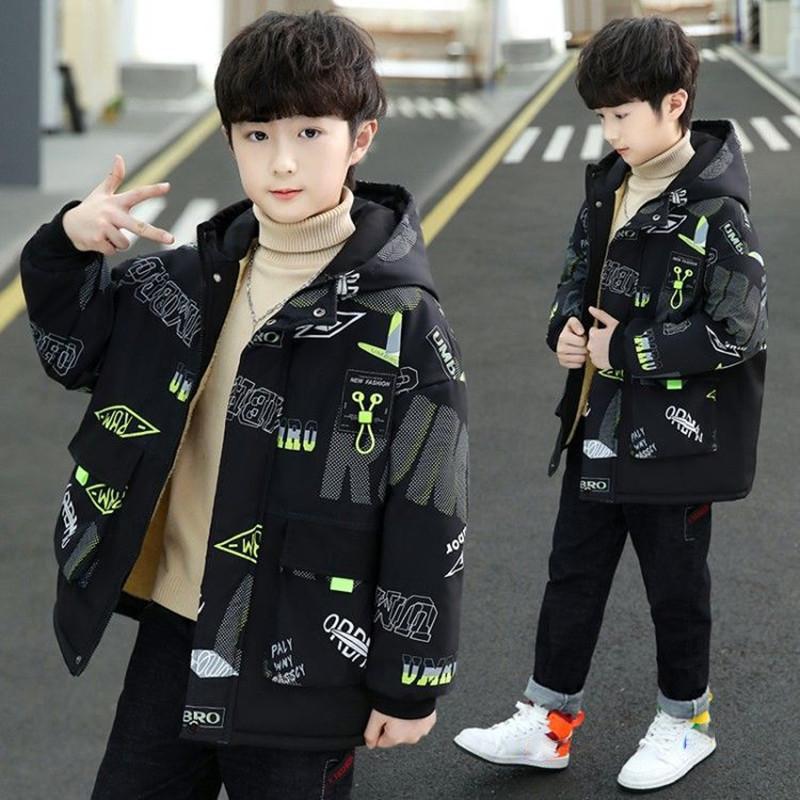Jungen Winter Gepolsterte Jacke Mode Plus Samt Mit Kapuze Warme Mantel Buchstaben Drucken Patchwork kinder Oberbekleidung Trenchcoat