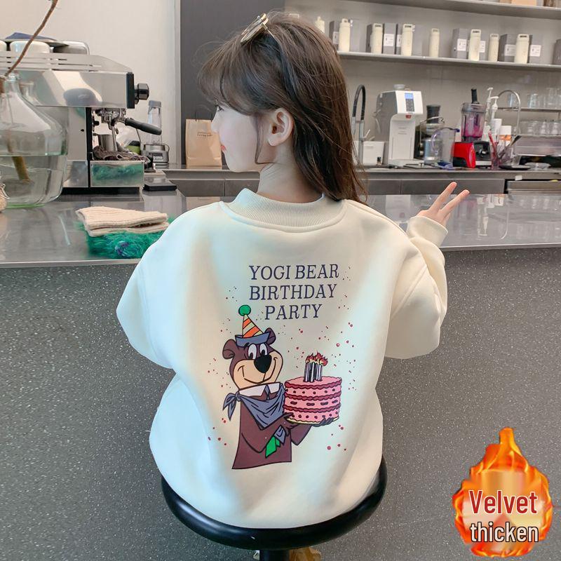 2025 Korean-Style Girls' Cartoon Bear Hoodie: Stylish Autumn/Winter Velvet Top