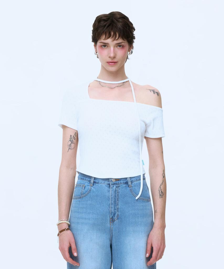 INSTANTFUNK Ribbon One-Shoulder Short Sleeve - Ivory