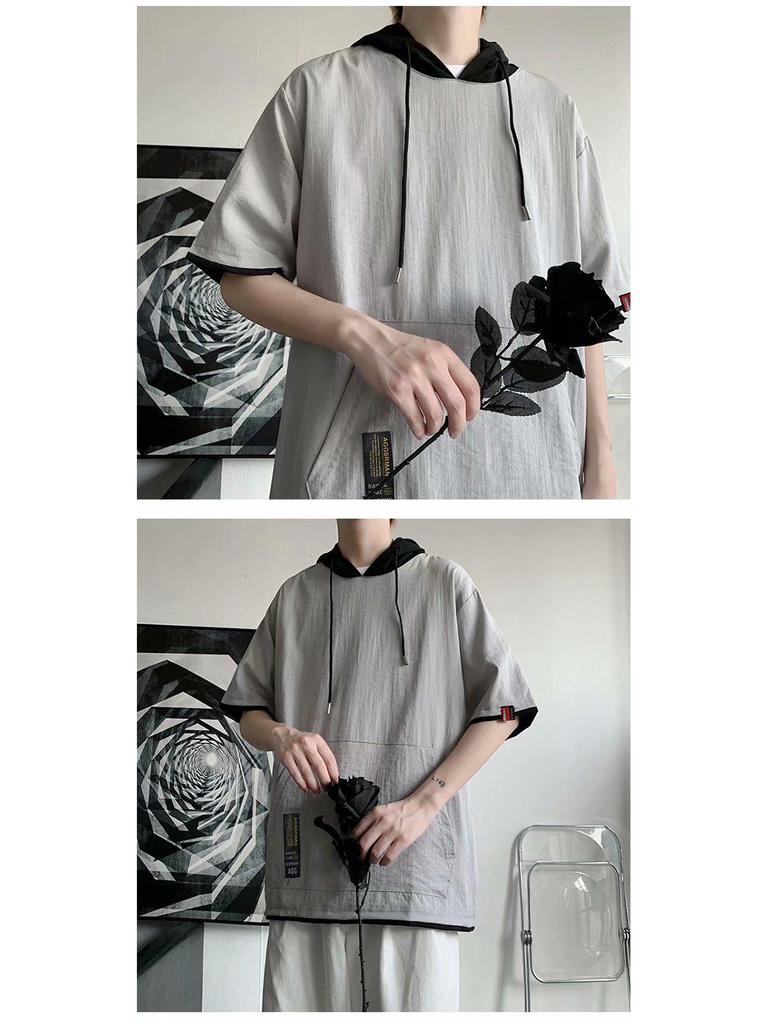 Men's Hooded Ice Silk Contrast Color Two-Piece Short Sleeve T-Shirt, Hong Kong Style, Loose Summer Trend.