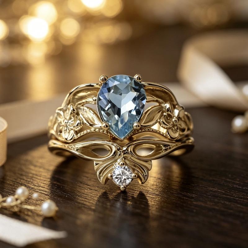 Ring New Gold Crown Sea Blue Diamond Women's Ring Internet Celebrity Handmade Ring