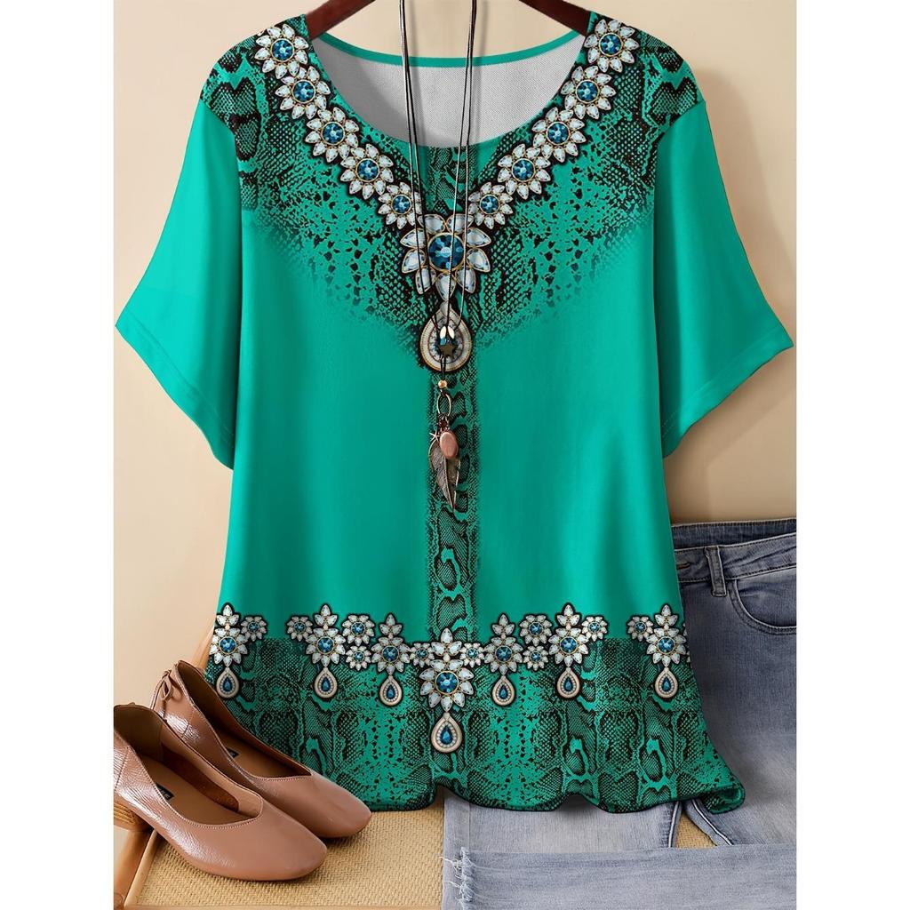 Summer Round Neck 3D Flower Pattern Print Top Fashionable Casual Short Sleeved Women's T-shirts