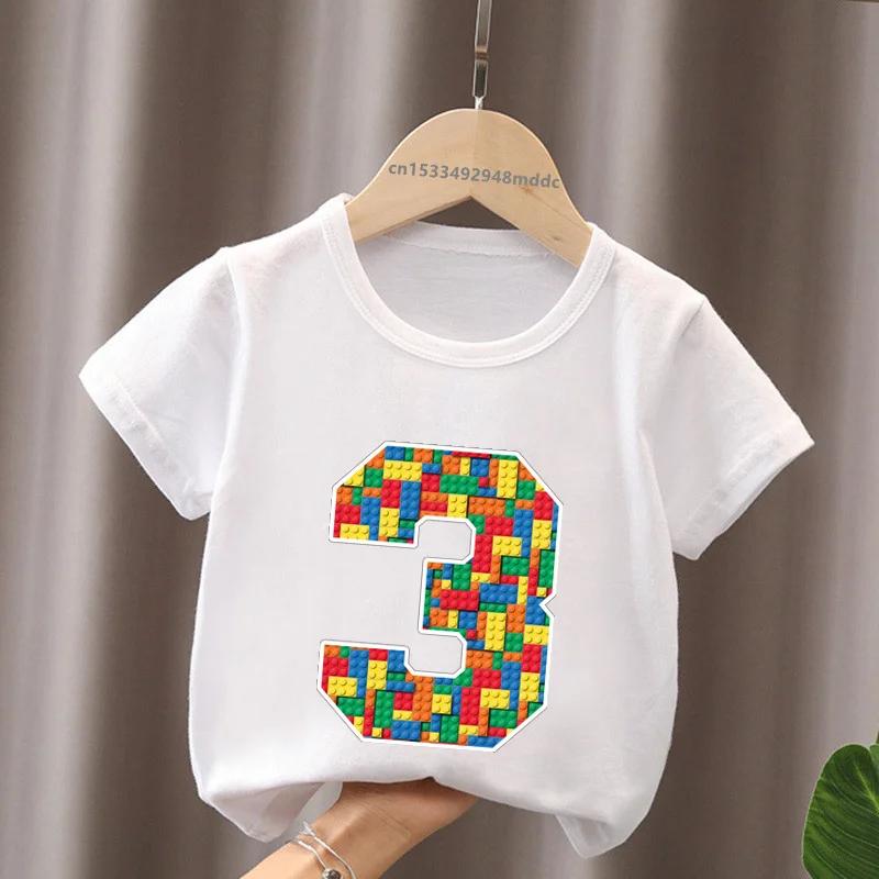 Cartoon Building Blocks Bricks Print Kids TShirt Number Tees for Boys And Girls Funny Birthday Baby Top 29 Years