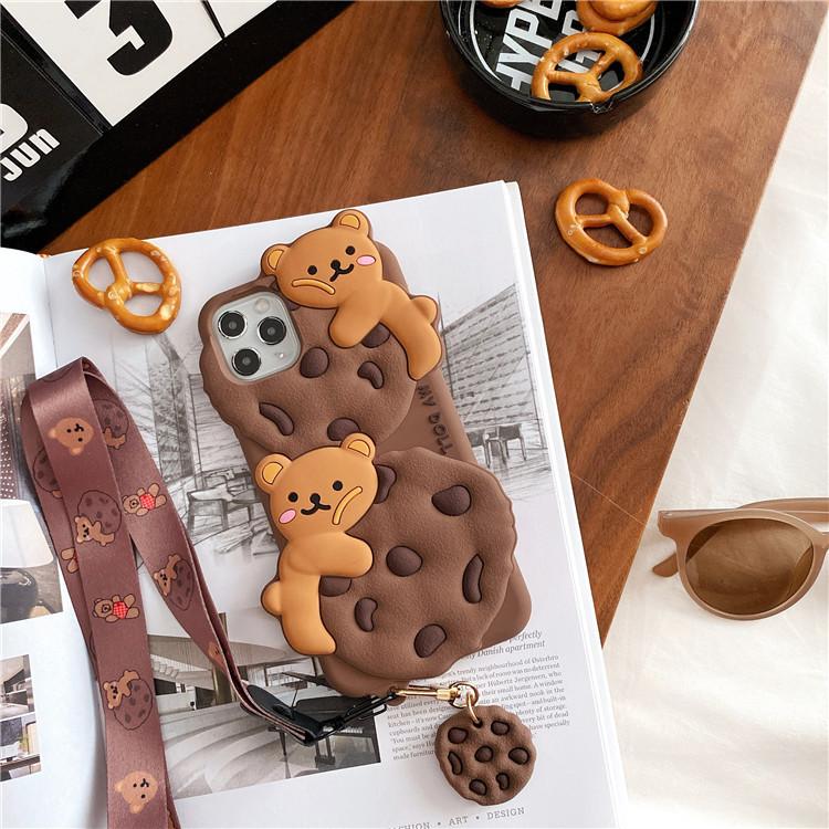 Cute Cartoon Cookie Bear Lanyard Phone Case For iPhone 17 16 15 14 Plus 13 12 11 Pro Max Shockproof Protective Cover