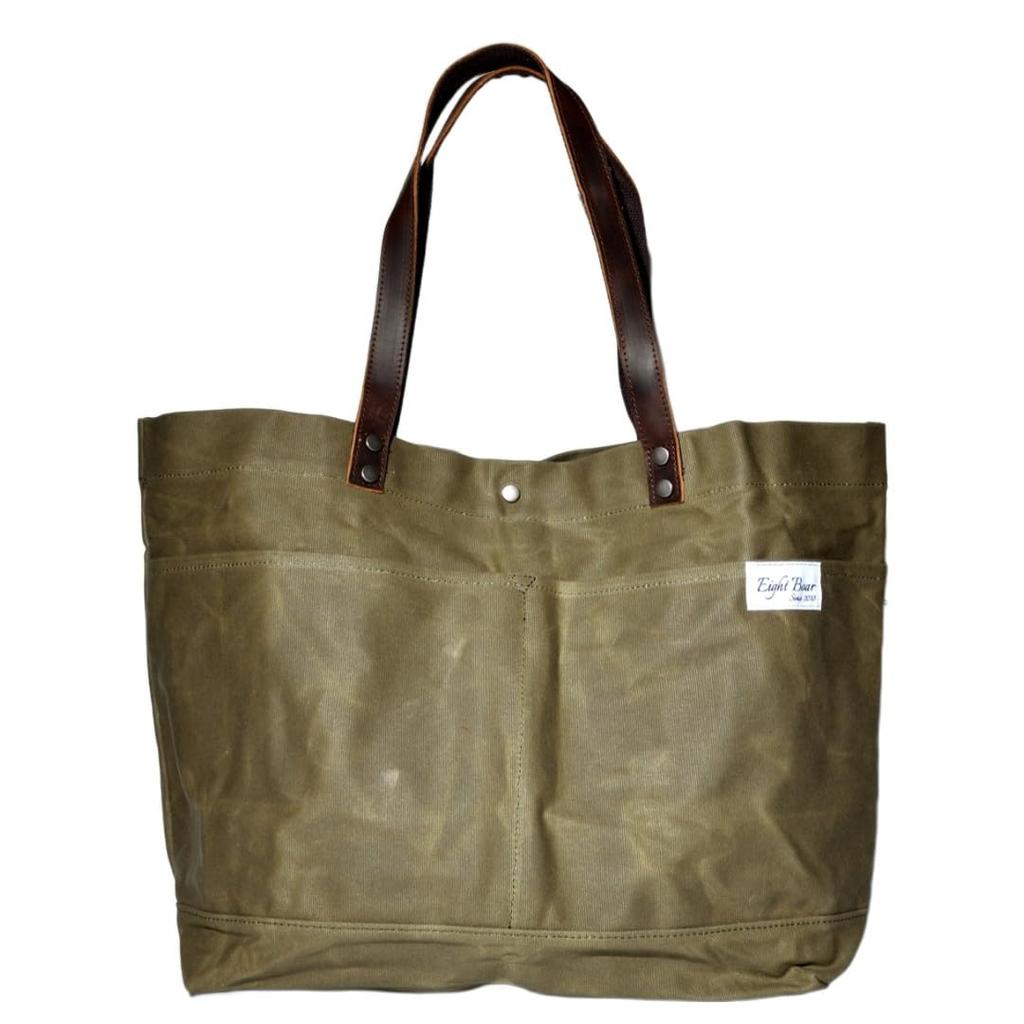 Eight Boar Big Size Dodeka Tote Bag, Genuine Cowhide Leather and Oilwax Canvas, Military-Style Boston Tote BagMother's Bag (Green)