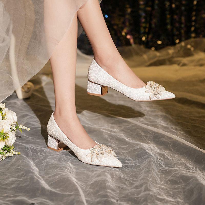 French wedding shoes, bridal shoes, high heels, women's 2025, thick heels, gentle pearls, can usually be worn without tired feet, single shoe women