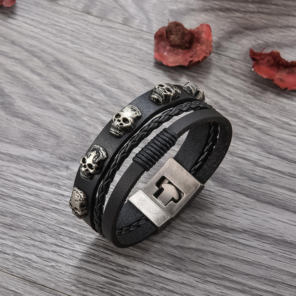 Accessories New Button Leather Jewelry Retro Stainless Steel Skull Braided Cowhide Bracelet Men