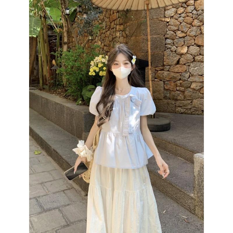 New White Bow Lace Puff Sleeve Shirt for Women Summer Design Pleated Strappy Shirt Women's Top Summer