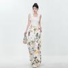 Amerikanischer Stil Vintage Sommer Damen Straight Jeans Druck Taschen Hohe Taille Mode Lässig Locker Weites Bein Loch Weiß Hosen