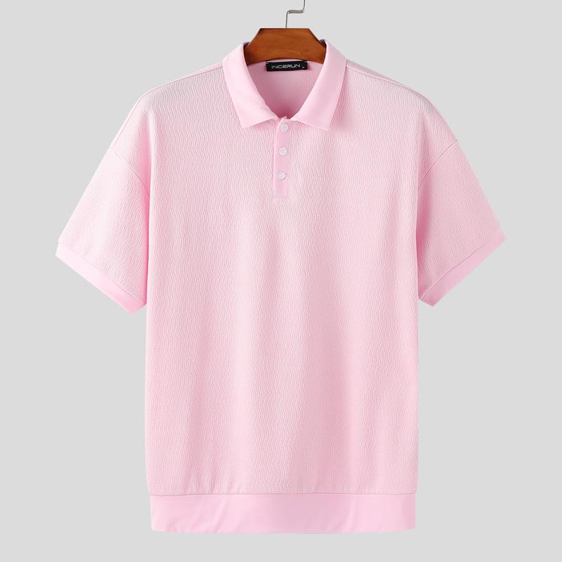 

INCERUN Oversized Men Turn-down Collar Short Sleeve Texture Casual T-shirts Tops
