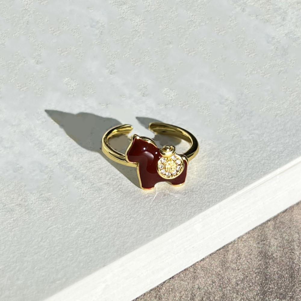 

Adjustable New Year Drip Oil Ring Good Luck Opening Ring Stackable Zodiac Horse Ring Gift Style 1