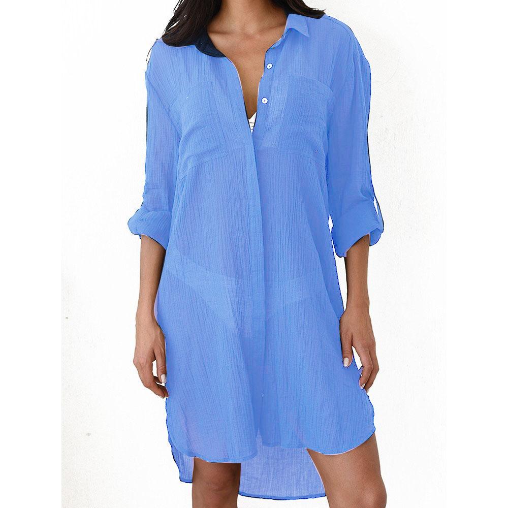 Wrinkled Fabric Pocket Button Beach Cover Up Women's Solid Color Bikini Shirt