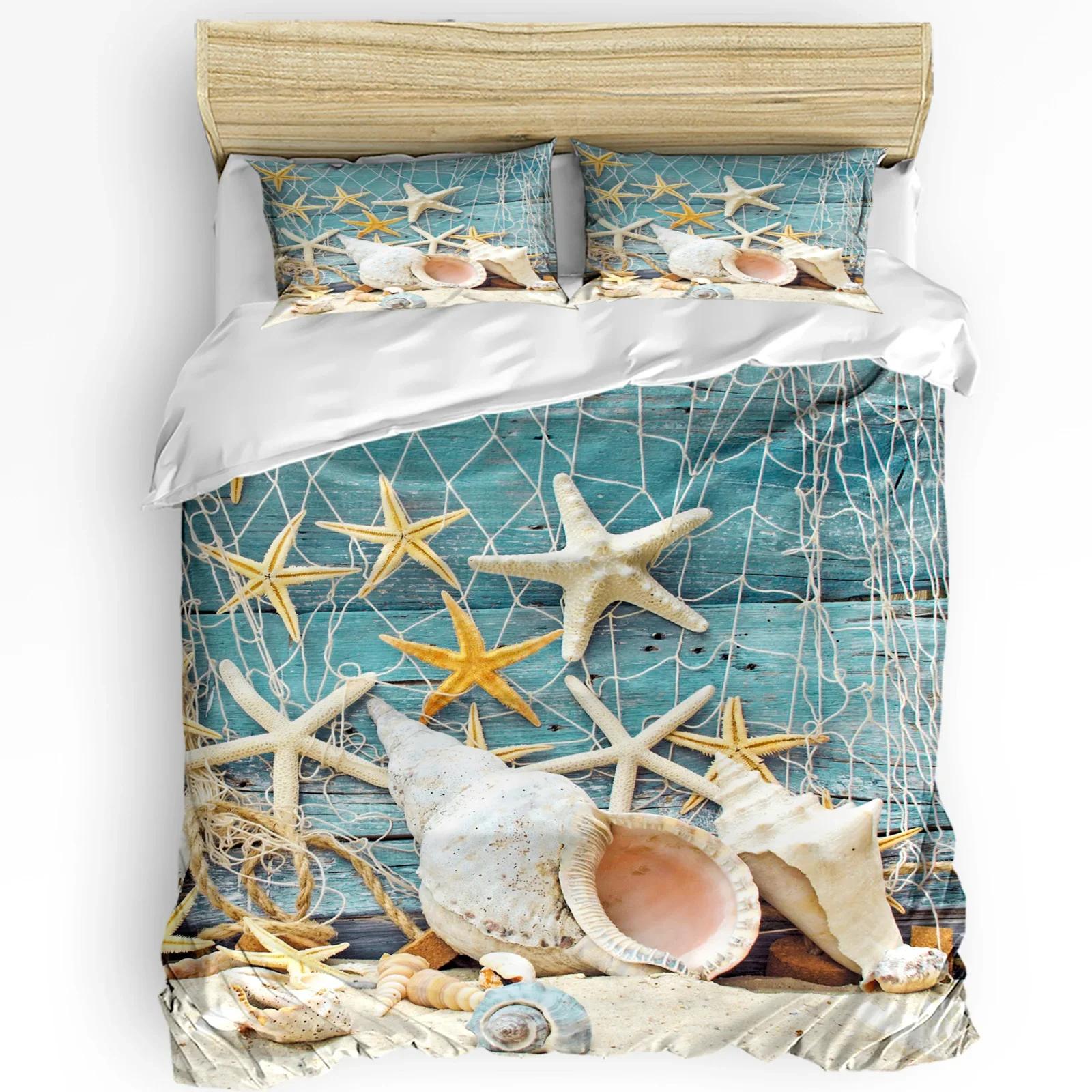 Blauw Marine Koraal Schelpen Zeester Dekbedovertrek met Kussensloop Aangepaste 3-delige Beddengoedset Dekbedovertrek Tweepersoonsbed Huistextiel AU Double(180x210cm)