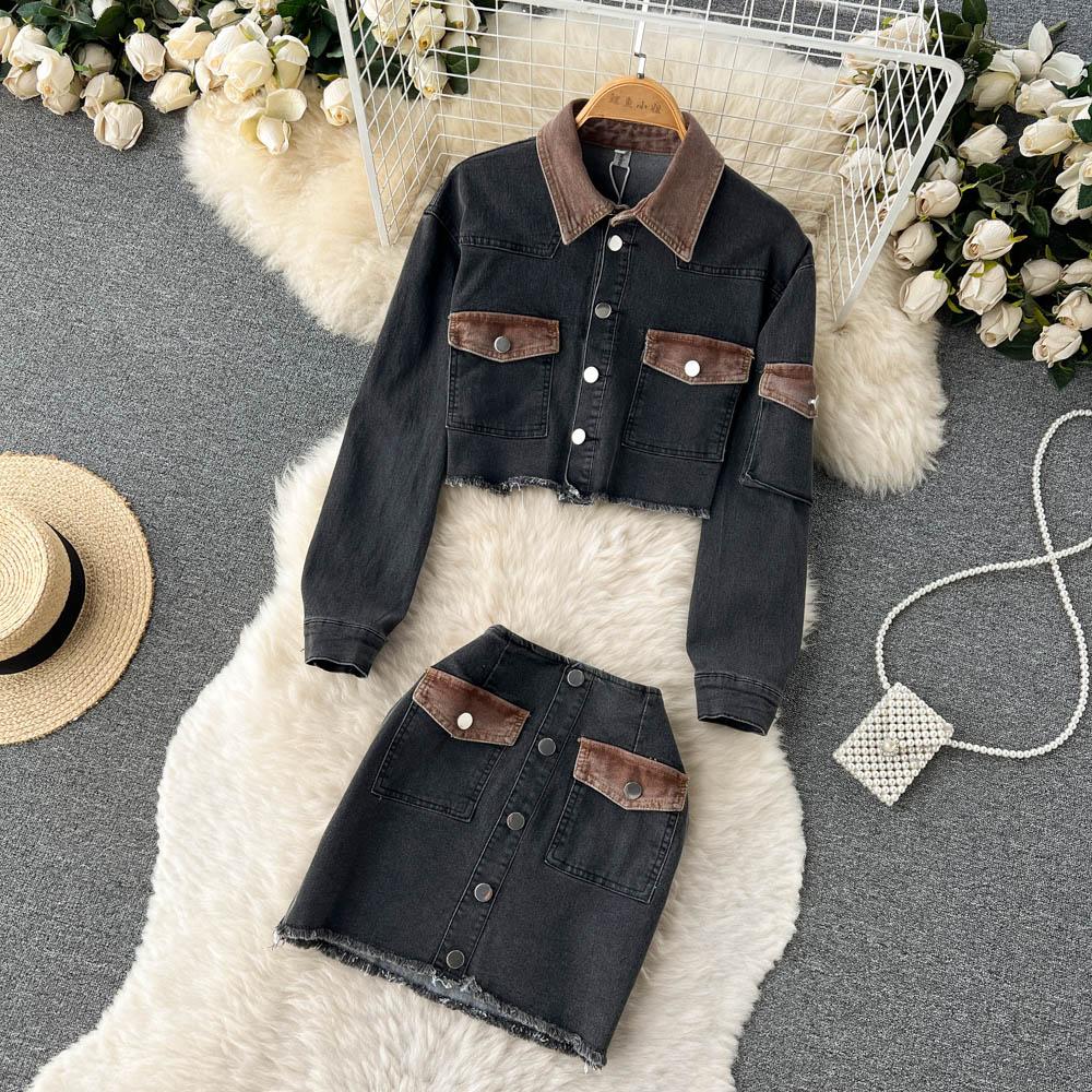 Contrast Color Two-Piece Suit Women's Autumn Denim Short Coat High Waist Bag Hip Skirt