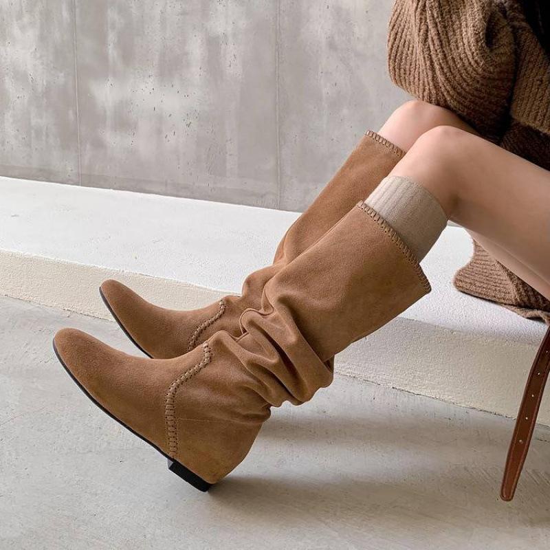 Nové dámské kožené boty jednobarevné kulatá špička nízký podpatek velká velikost dámské boty rukáv pravá kůže módní boty podzim a zima hovězí kůže
