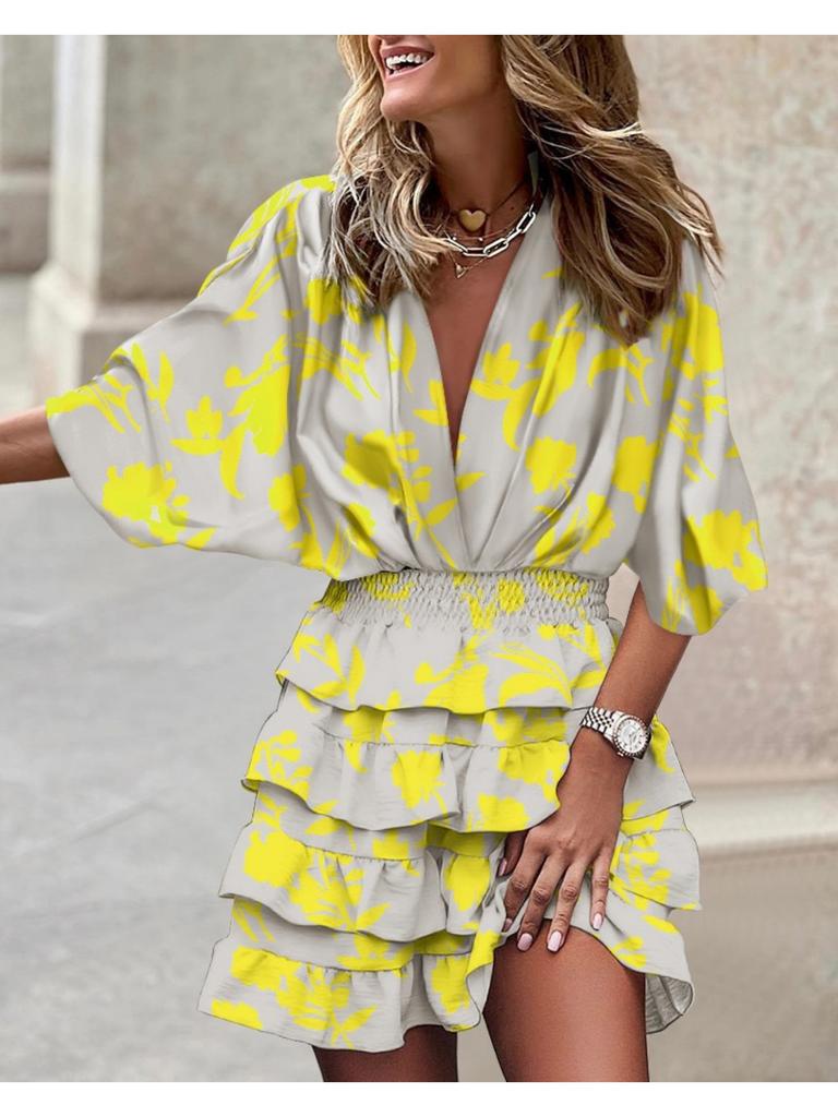 V Neck Print Flower Dress Waist Hugging  Elegant Pleated Dress for Women Short Sleeve Loose Dresses Causal Dress