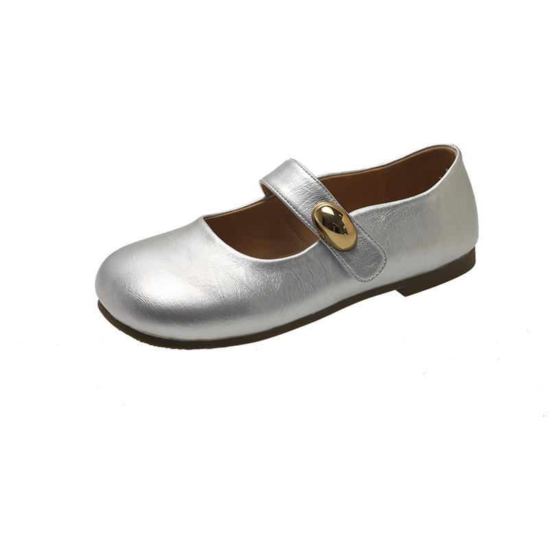 

Flat bottom soft sole soft leather single shoes women s round head Mary Jane women s shoes spring new Velcro with skirt shoes 35 серебряный