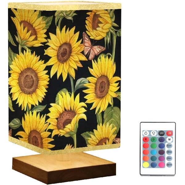 

Квадратная лампа на прикроватной тумбочке с акварелью, подсолнухами и бабочками на черном ярком деревянном основании, абажур из льняной ткани с регулируемой яркостью, тумбочка для стола Multi1