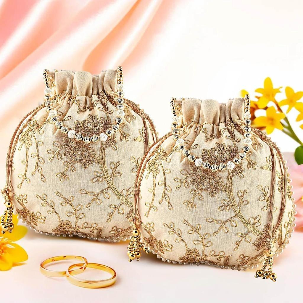 Packung mit 2 Potli-Taschen für Damen & Mädchen | Damen Shagun-Beutel für festliche Jahreszeiten | Bestickte Batwa-Tasche Brautgeldbörse - Creme