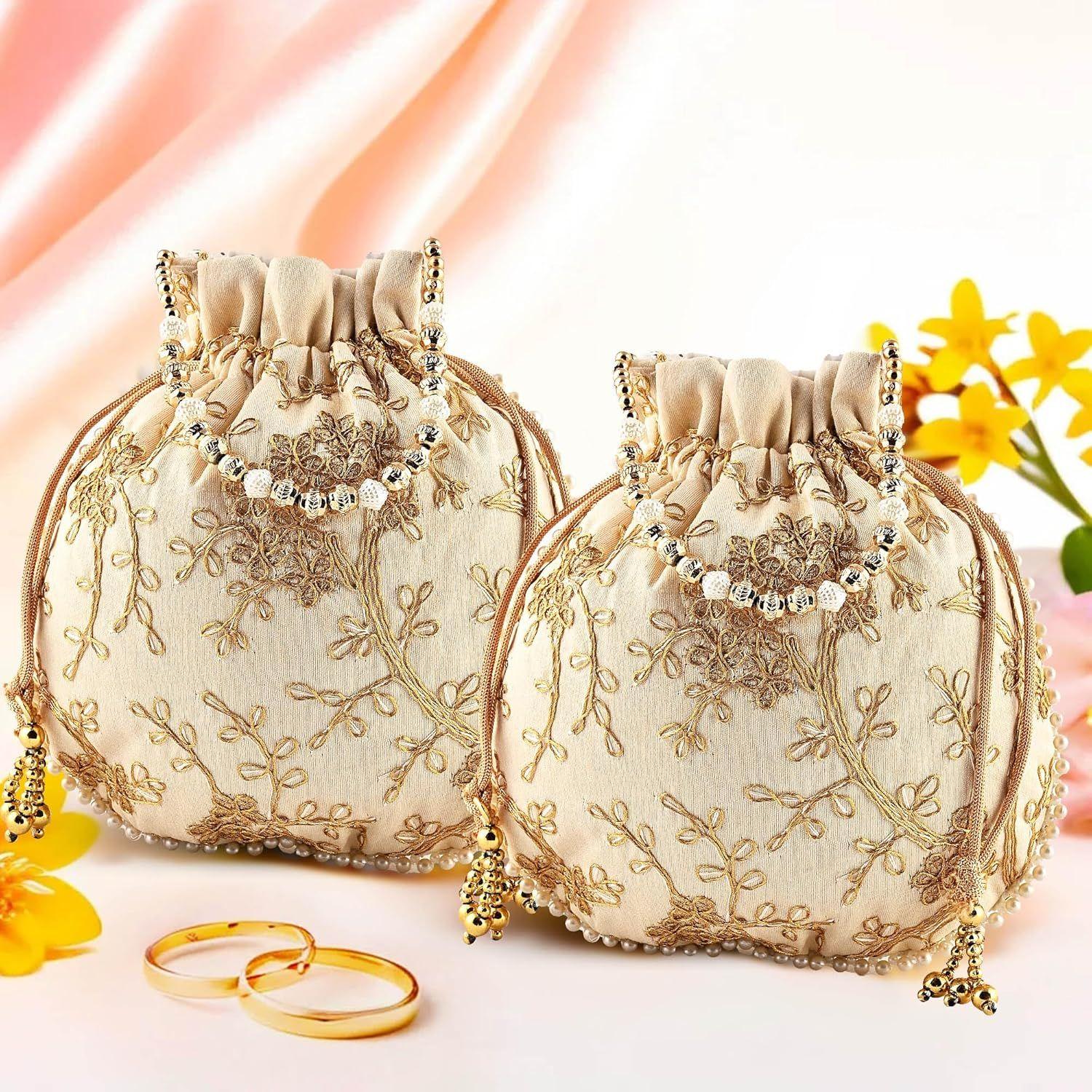 

Pack of 2 Potli Bags for Ladies & Girls | Women Shagun Pouches for Festive Seasons | Embroidery Batwa Bag Bridal Purse -Cream