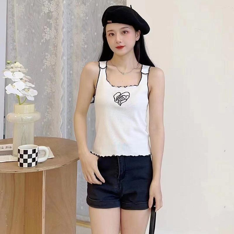 New Summer Design Simple Temperament Sweet Contrasting Color Embroidered Knitted Vest Suspender Top