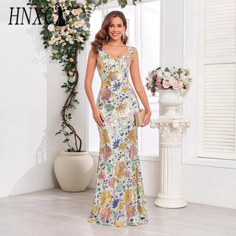 

HNXC Women s Sleeveless Elegant Evening Dress, Double V-neck Sequined Embroidery Mermaid Evening Dress XL