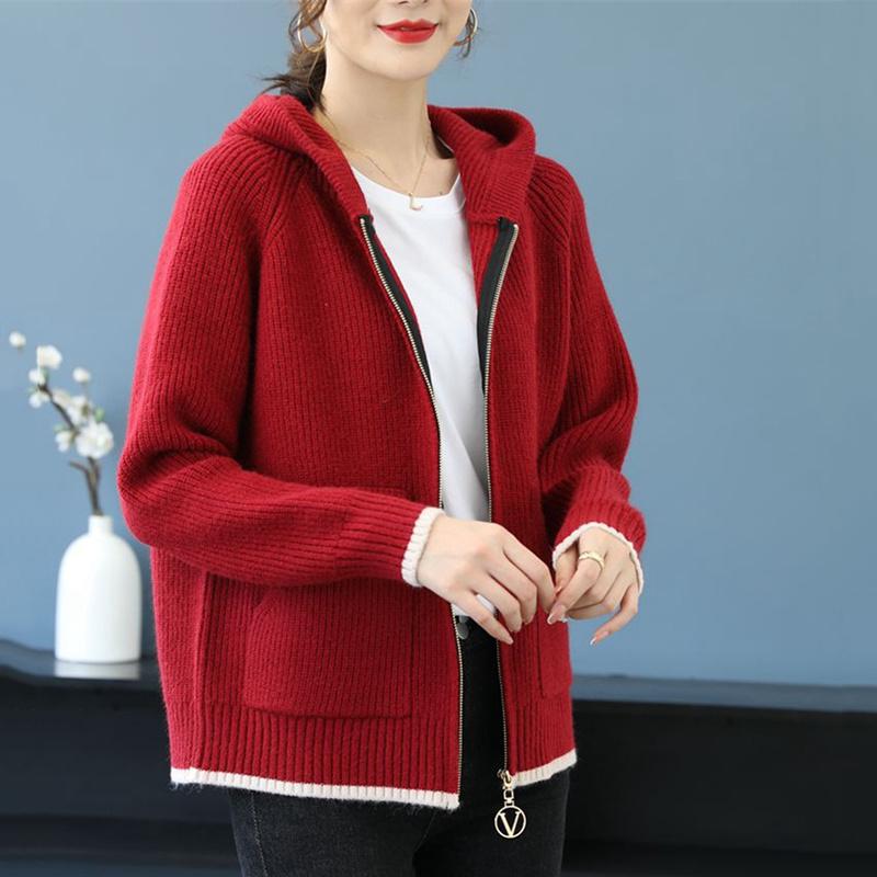 Женское вязаное шерстяное пальто с капюшоном на молнии кашемировый свитер свободный короткий кардиган длинный рукав новые топы осень зима 2023 XXXL 2337₽