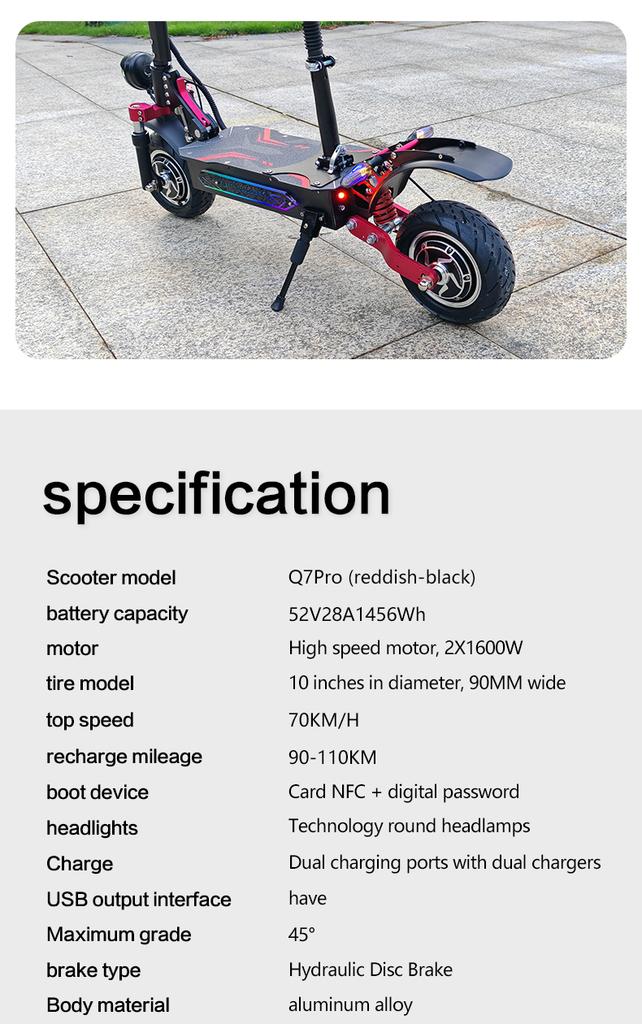 BOYUEDA Q7 Pro Max 1600W Dual Motor Electric Scooter - 70KM/H, 110KM Range, 10" Tires, Foldable Design