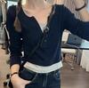 2025 Women's Spring/Autumn Color Block Two-Piece Look Long Sleeve T-Shirt with Chic Buttons