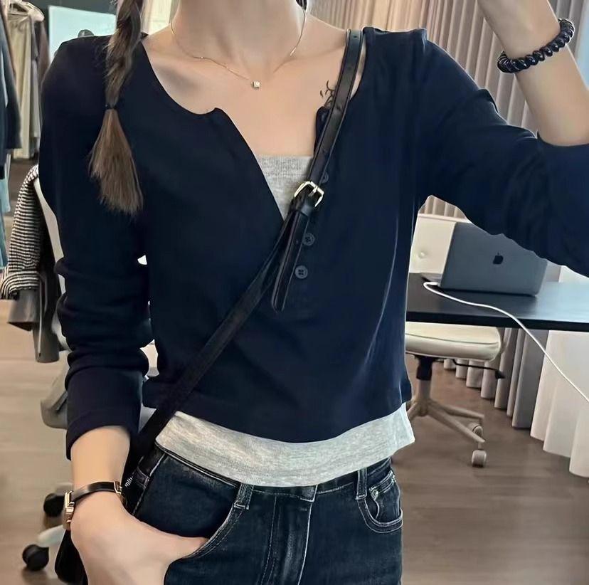 2025 Women's Spring/Autumn Color Block Two-Piece Look Long Sleeve T-Shirt with Chic Buttons