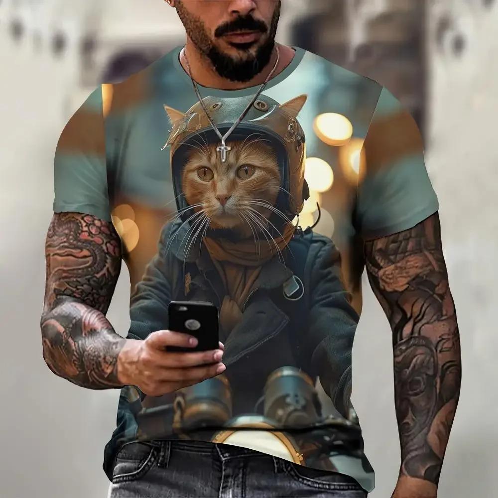 Summer Round Neck 3D Cool Cat Graphic Print Top Fashionable Casual Short Sleeved Men's T-shirts