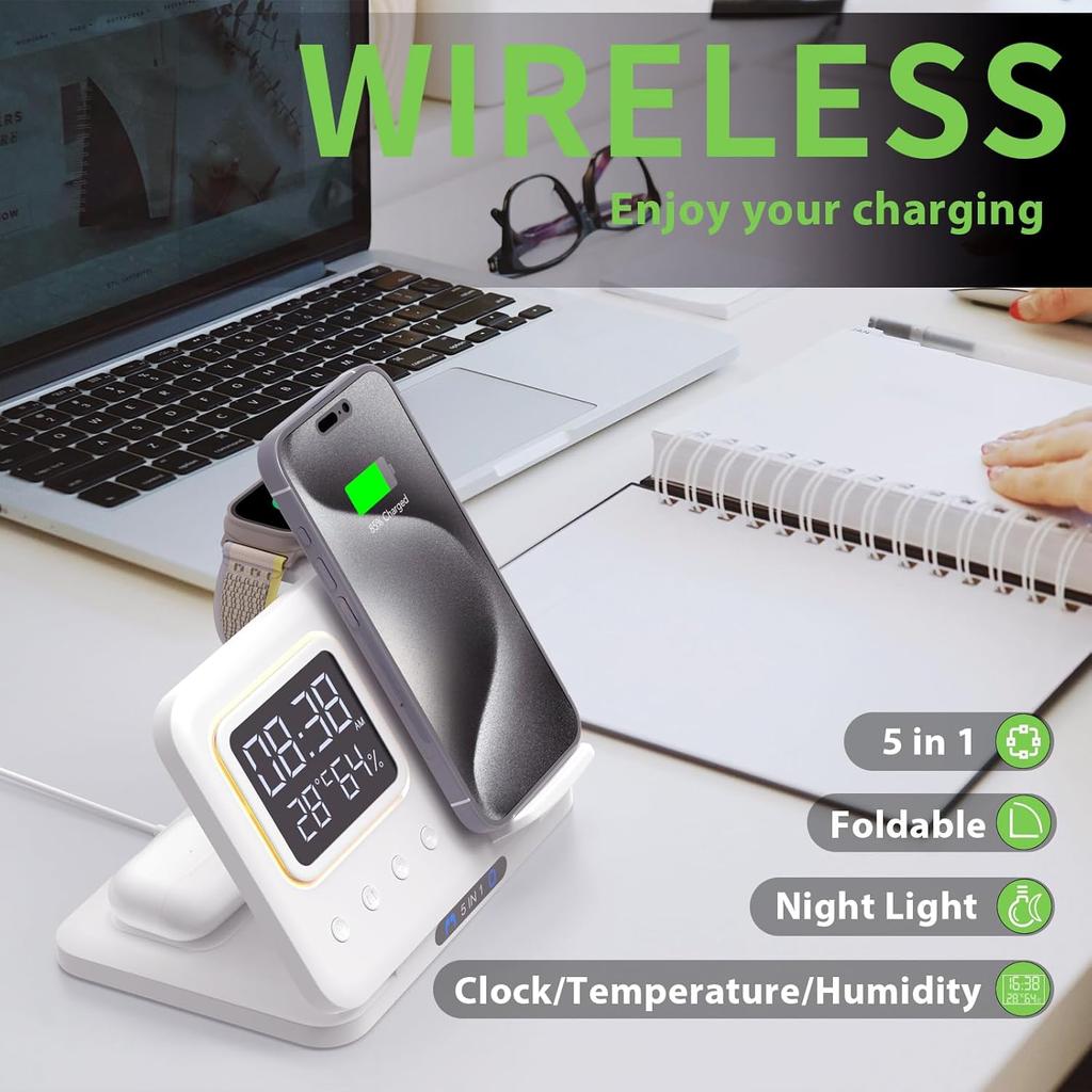 Foldable Travel 3 in 1 Wireless Charging Station for Multiple Devices Apple with Clock, Fast Wireless Charger Stand for iPhone 16 15 14 Pro Max 13