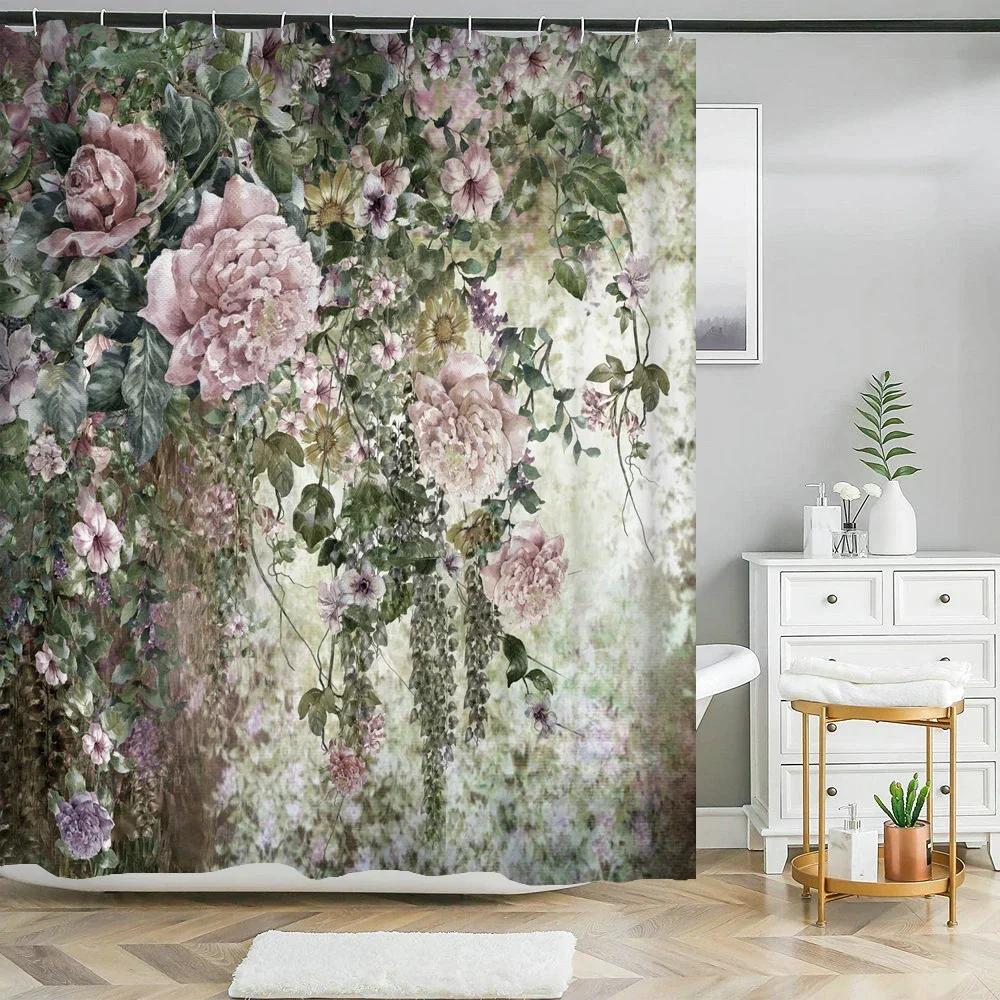 Retro Blooming Flowers Shower Curtains Bathroom Curtains Waterproof Polyester Bath Curtain with 12 Hooks Shower Curtain