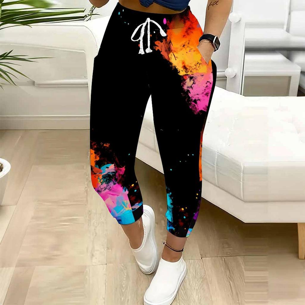 Letnie damskie spodnie dresowe z nadrukiem tie-dye w rozpryskach tuszu, luźny krój, ze sznurkiem, ściągacze, elastyczny mankiet, codzienne spodnie