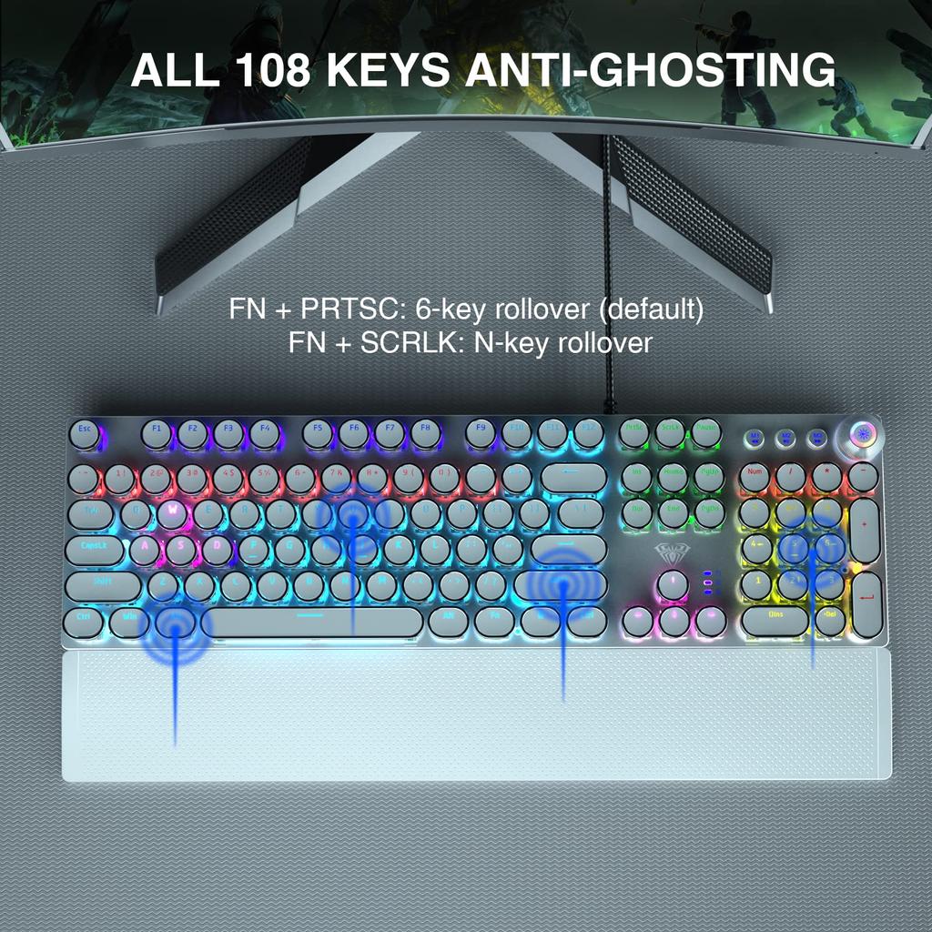 AULA F2088 Schreibmaschinenstil Mechanische Gaming-Tastatur Regenbogen-LED-Hintergrundbeleuchtung Abnehmbare Handgelenkauflage Mediensteuerknöpfe Retro Punk Runde Tastenkappen USB
