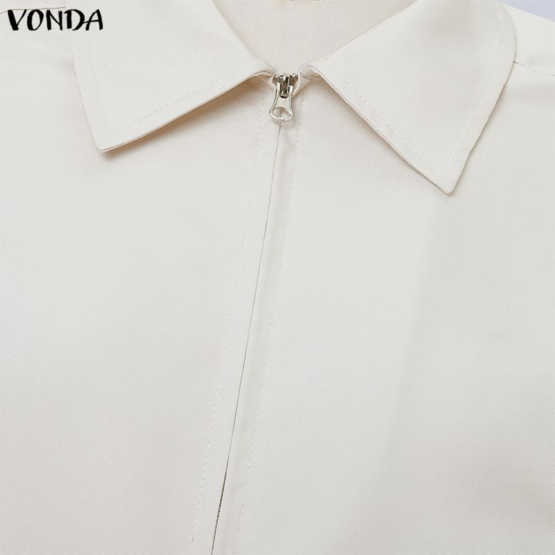 VONDA Spring Women Lapel Neck Long Sleeve Zip-up Thin Casual Cropped Jackets Coats