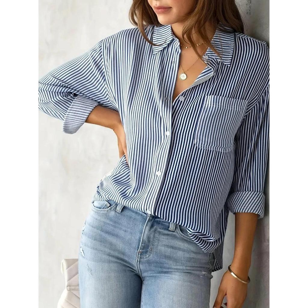 Cardigan a Righe Stampato, Camicia Moda Casual, Camicia da Donna a Righe Morbida, Camicia da Lavoro, Camicia Casual a Maniche Lunghe