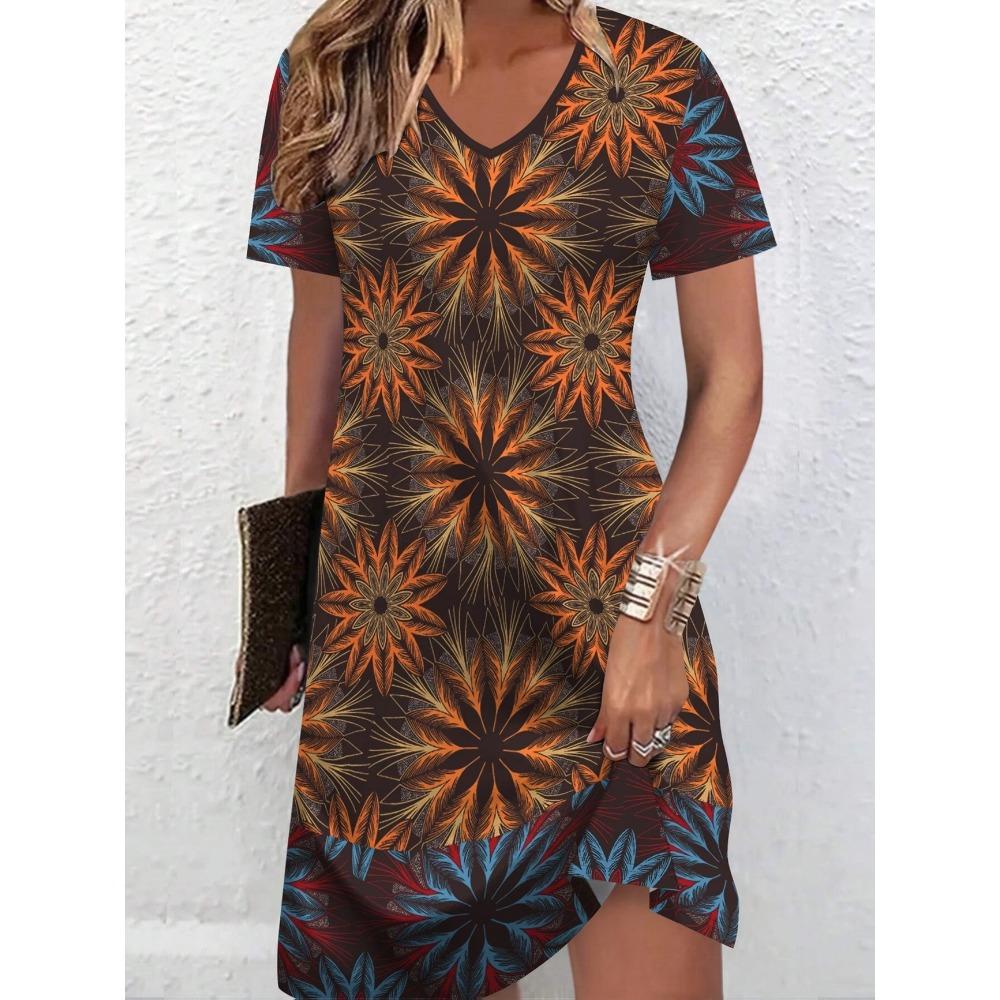 Large Size Women's Summer Casual Dress, Short Sleeved V-neck Floral Print Dress