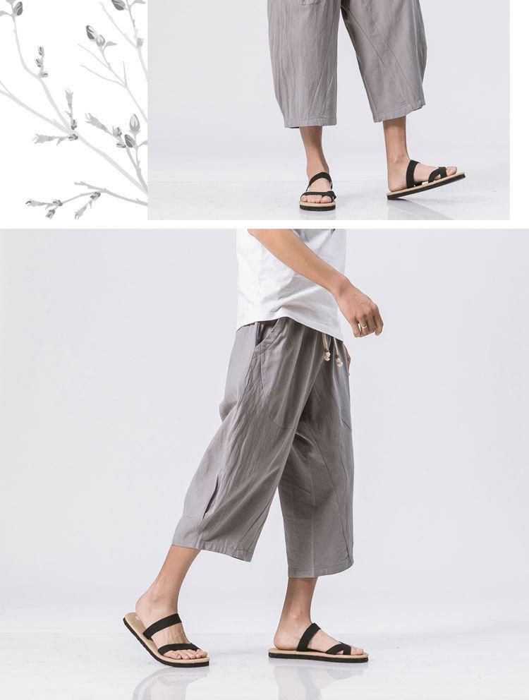 Men's Summer Loose Fit Linen Capri Pants - Solid Color, Plus Size, Chinese Style Casual Trousers