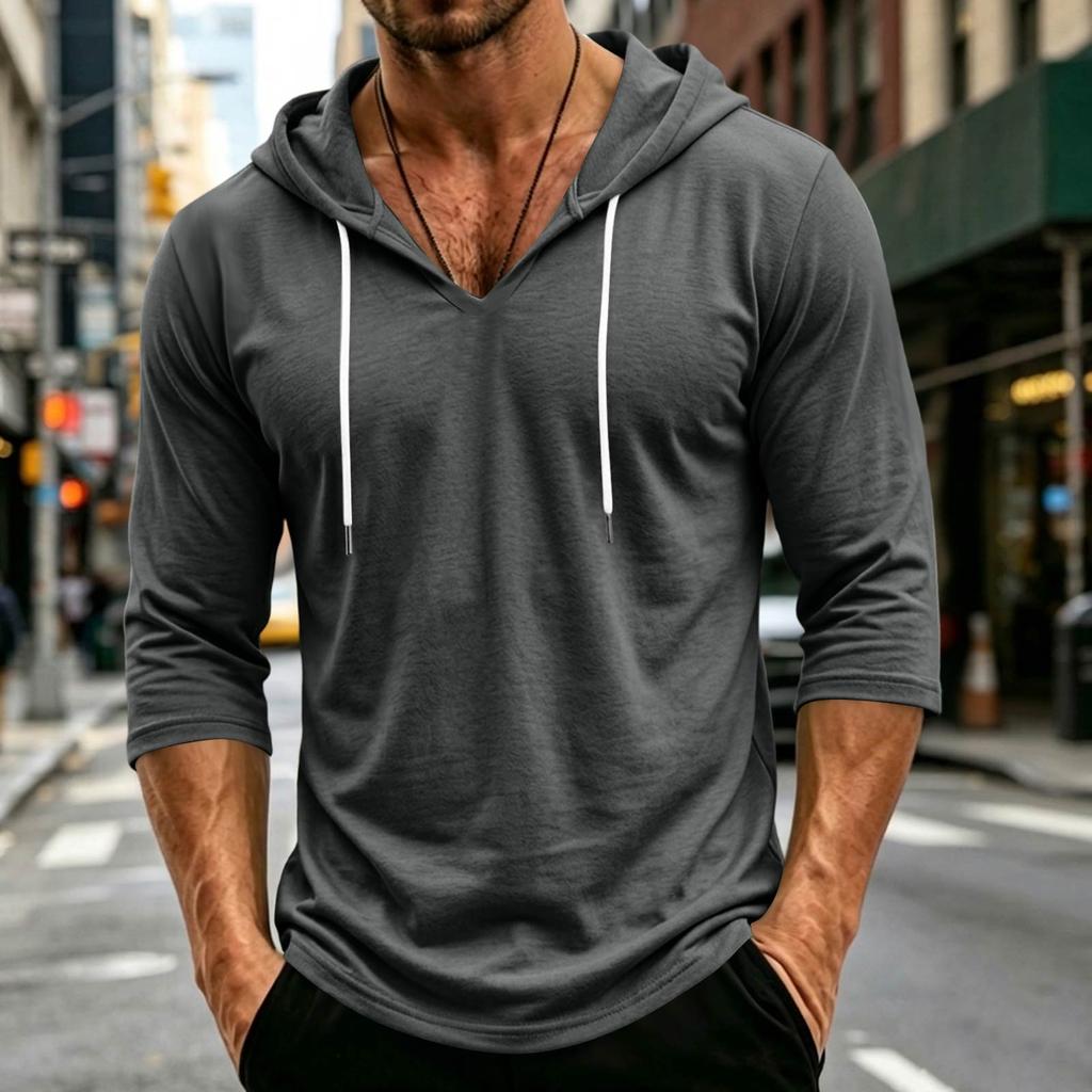 Men's Loose Fit Casual Hoodie Lightweight Pullover with 3/4 Sleeve Drawstring Hooded Shirt for Everyday Wear