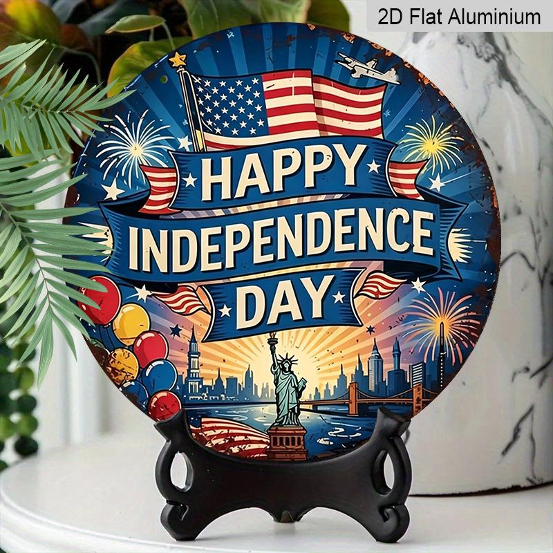 2D Flat, 1pc Round Aluminum "Happy Independence Day" Sign, Patriotic USA Flag & Statue of Liberty Metal Plaque, Vintage Distressed Style, Perfect for