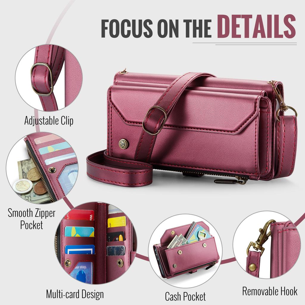 For Samsung Galaxy S26 Ultra Leather Case CASEME C36 Zipper 10 Card Slots Phone Cover with Straps