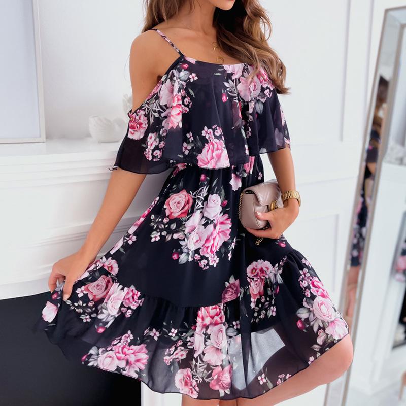 

Sexy Off Shoulder Floral Chiffon Mini Women Dress Summer Short Sleeve Casual White Ruffles Dresses For Women Robe Femme S чёрный